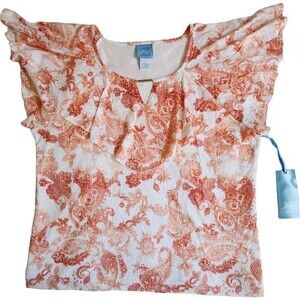 Lark Lane orange white paisley short sleeve top sz L